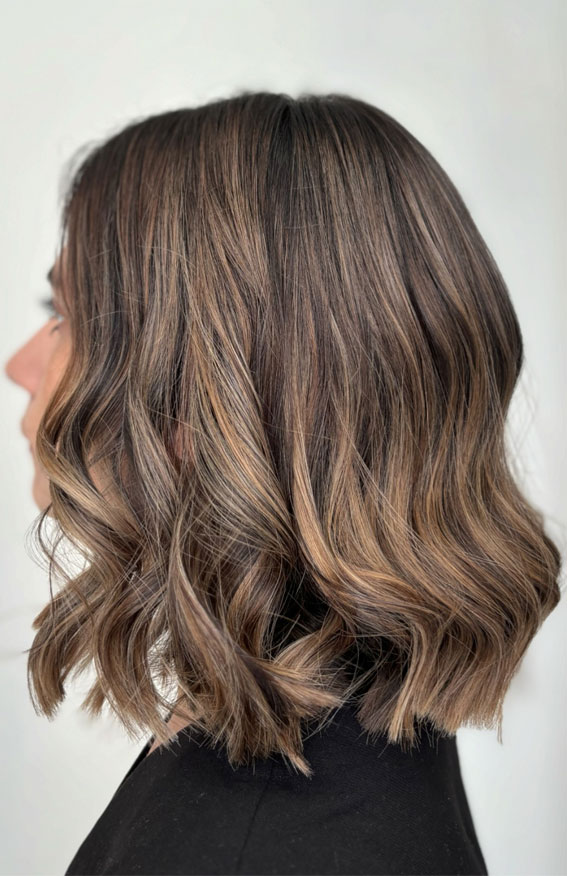 Subtle Caramel Latte Bronde Wavy Lob, autumn hair colour, bronde hair colour, brunette hair colour