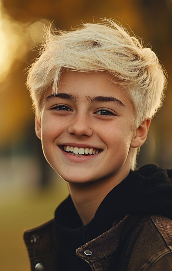 36 Cool Haircuts for Young Teen Boys to Rock : Platinum Blonde Textured Crop