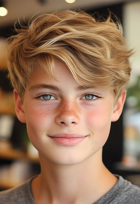 36 Cool Haircuts for Young Teen Boys to Rock : Warm Blonde Wavy Side Part