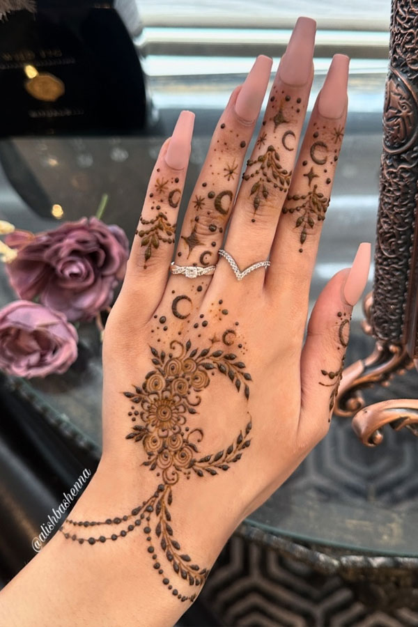 45 Stylish Mehndi Designs Simple and Beautiful : Lunar Floral Fantasy