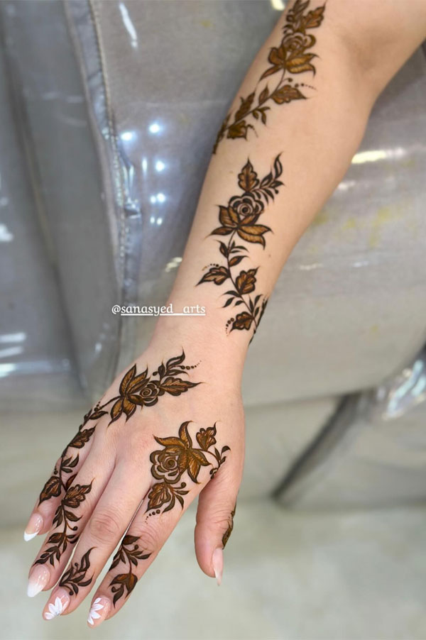 45 Stylish Mehndi Designs Simple and Beautiful : Delicate Floral Cascade