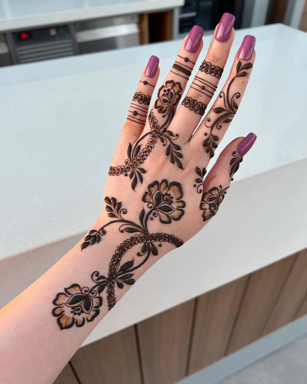 Delicate Blooms Henna,  Henna Design, modern henna design, back hand henna design