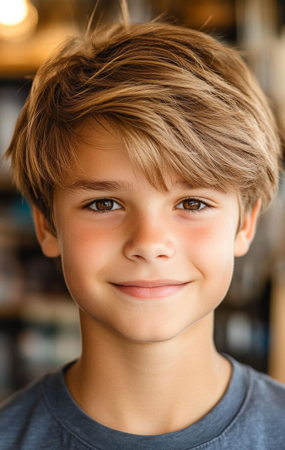 36 Cool Haircuts for Young Teen Boys to Rock : Golden Brown Airy Layers with Side Swept Fringe