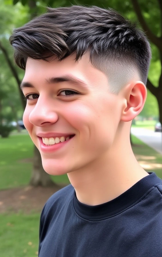 Textured Fade with Fringe, Trendy Haircuts for 16-17 Year Old Boys, Short haircuts for teen boys, Teen boy haircuts, Popular teen boy haircuts, Teen boy haircuts long on top, Long haircuts for teen boys, cool hairstyles for teenage guys