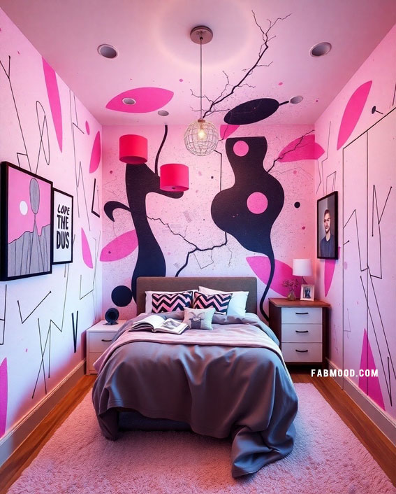 Funky Pink Abstract Retreat, urban bedroom ideas, Art inspired bedroom ideas, Wall Art for bedroom above bed, Art inspired bedroom walls, Modern art inspired bedroom, wall Art inspired bedroom , Trendy wall art for bedroom