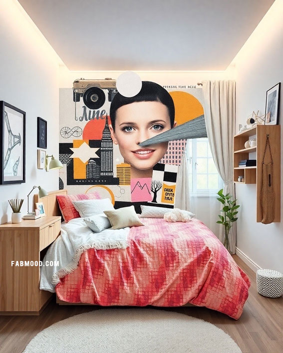 Bold Collage Haven, urban bedroom ideas, Art inspired bedroom ideas, Wall Art for bedroom above bed, Art inspired bedroom walls, Modern art inspired bedroom, wall Art inspired bedroom , Trendy wall art for bedroom