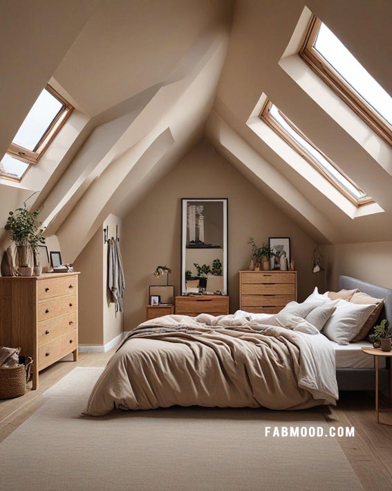 Earthy Modern Loft Bedroom, Loft Bedroom Idea, loft-style bedroom, loft conversion bedroom ideas, Bedroom white colour combination, Simple loft bedroom decorating ideas, earthy loft bedrooms images, Cozy farmhouse bedroom ideas, loft bedroom color