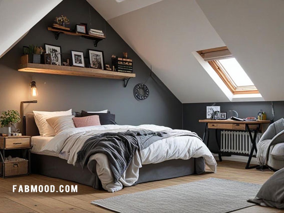 Contemporary Charcoal Loft Bedroom, Loft Bedroom Idea, loft-style bedroom, loft conversion bedroom ideas, Bedroom white colour combination, Simple loft bedroom decorating ideas, earthy loft bedrooms images, Cozy farmhouse bedroom ideas, loft bedroom color