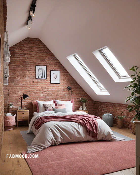 Cosy Industrial Pink Loft Bedroom, Loft Bedroom Idea, loft-style bedroom, loft conversion bedroom ideas, Bedroom white colour combination, Simple loft bedroom decorating ideas, earthy loft bedrooms images, Cozy farmhouse bedroom ideas, loft bedroom color