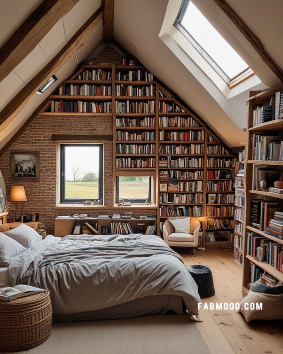 Literary Loft Sanctuary, Loft Bedroom Idea, loft-style bedroom, loft conversion bedroom ideas, Bedroom white colour combination, Simple loft bedroom decorating ideas, earthy loft bedrooms images, Cozy farmhouse bedroom ideas, loft bedroom color