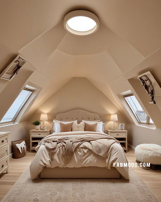 Serene Loft Bedroom with Unique Ceiling, Loft Bedroom Idea, loft-style bedroom, loft conversion bedroom ideas, Bedroom white colour combination, Simple loft bedroom decorating ideas, earthy loft bedrooms images, Cozy farmhouse bedroom ideas, loft bedroom color