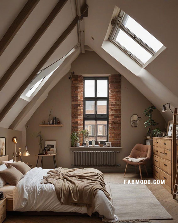 Industrial Warmth Loft, Loft Bedroom Idea, loft-style bedroom, loft conversion bedroom ideas, Bedroom white colour combination, Simple loft bedroom decorating ideas, earthy loft bedrooms images, Cozy farmhouse bedroom ideas, loft bedroom color