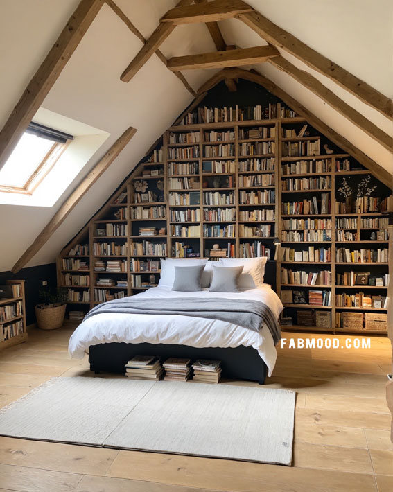 Bookworm’s Loft Bedroom, Loft Bedroom Idea, loft-style bedroom, loft conversion bedroom ideas, Bedroom white colour combination, Simple loft bedroom decorating ideas, earthy loft bedrooms images, Cozy farmhouse bedroom ideas, loft bedroom color