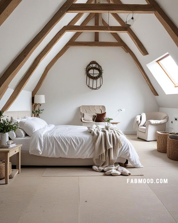 Rustic Elegance Loft Bedroom, Loft White Bedroom Idea, loft-style bedroom, Off white bedroom ideas, Bedroom white colour combination, Simple bedroom decorating ideas, White bedrooms images, Cozy farmhouse bedroom ideas, loft bedroom color