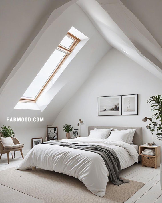 Modern Tranquility Loft, Loft White Bedroom Idea, loft-style bedroom, Off white bedroom ideas, Bedroom white colour combination, Simple bedroom decorating ideas, White bedrooms images, Cozy farmhouse bedroom ideas, loft bedroom color