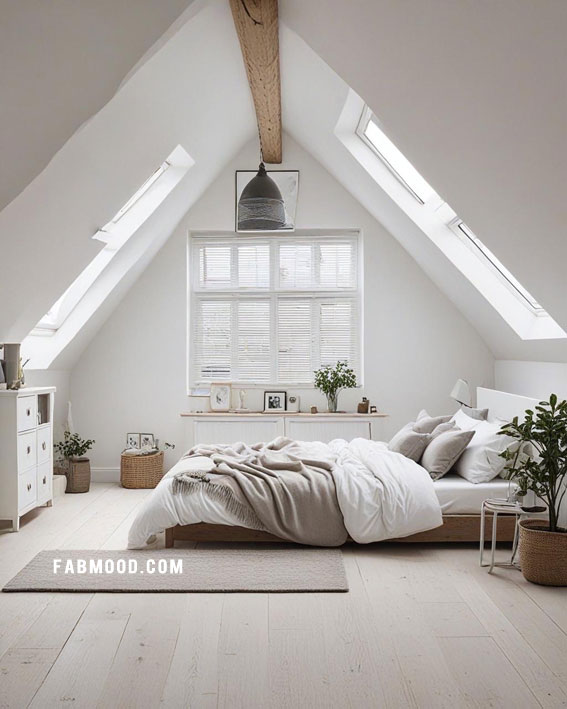 Rustic Minimalist Loft, Loft White Bedroom Idea, loft-style bedroom, Off white bedroom ideas, Bedroom white colour combination, Simple bedroom decorating ideas, White bedrooms images, Cozy farmhouse bedroom ideas, loft bedroom color