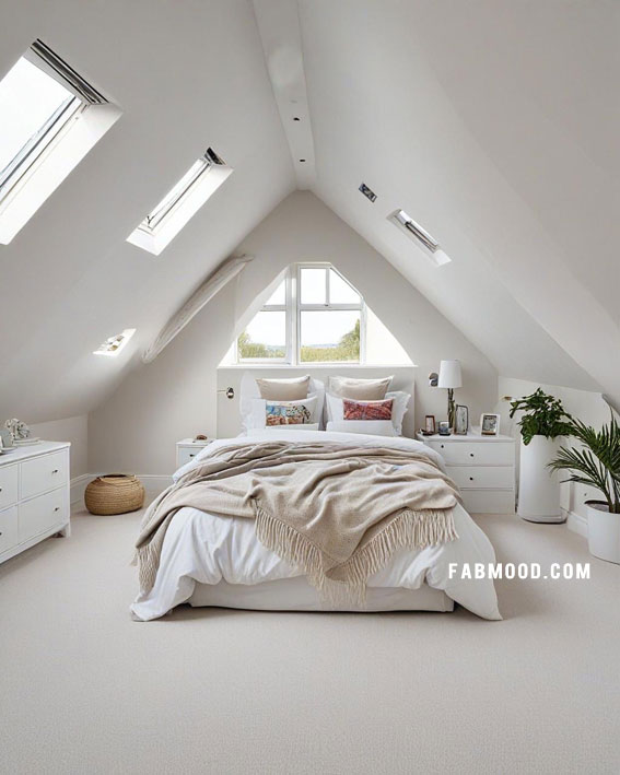 Bright and Breezy Loft Bedroom, Loft White Bedroom Idea, loft-style bedroom, Off white bedroom ideas, Bedroom white colour combination, Simple bedroom decorating ideas, White bedrooms images, Cozy farmhouse bedroom ideas, loft bedroom color