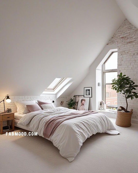 Bright and Cosy Loft Charm, Loft White Bedroom Idea, loft-style bedroom, Off white bedroom ideas, Bedroom white colour combination, Simple bedroom decorating ideas, White bedrooms images, Cozy farmhouse bedroom ideas, loft bedroom color