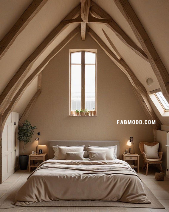 Rustic Elegance Loft Bedroom, Loft Bedroom Idea, loft-style bedroom, loft conversion bedroom ideas, Bedroom white colour combination, Simple loft bedroom decorating ideas, earthy loft bedrooms images, Cozy farmhouse bedroom ideas, loft bedroom color