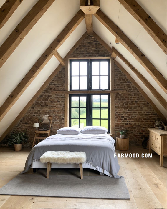 Rustic Countryside Loft, Loft Bedroom Idea, loft-style bedroom, loft conversion bedroom ideas, Bedroom white colour combination, Simple loft bedroom decorating ideas, earthy loft bedrooms images, Cozy farmhouse bedroom ideas, loft bedroom color