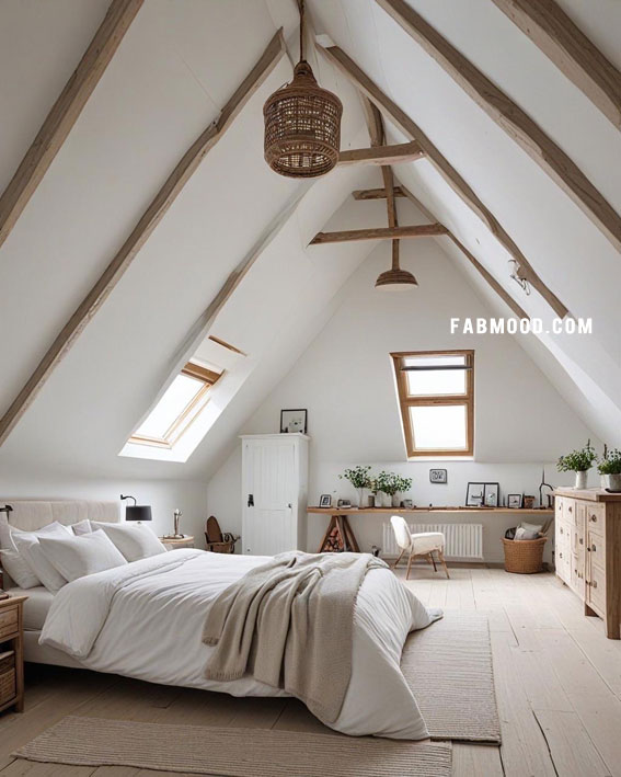 Scandi Rustic Loft Bedroom, Loft White Bedroom Idea, loft-style bedroom, Off white bedroom ideas, Bedroom white colour combination, Simple bedroom decorating ideas, White bedrooms images, Cozy farmhouse bedroom ideas, loft bedroom color