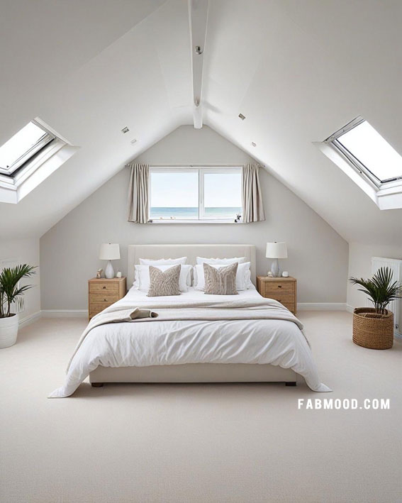 Coastal Loft Serenity, Loft White Bedroom Idea, loft-style bedroom, Off white bedroom ideas, Bedroom white colour combination, Simple bedroom decorating ideas, White bedrooms images, Cozy farmhouse bedroom ideas, loft bedroom color