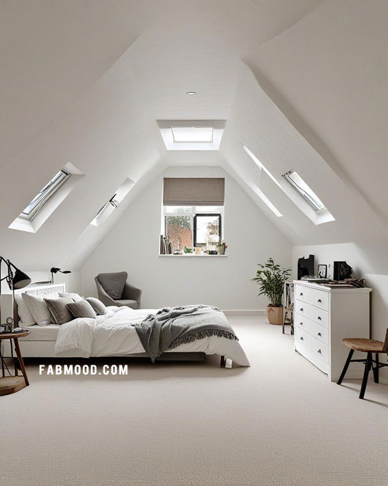 Calm and Contemporary Loft Bedroom, Loft White Bedroom Idea, loft-style bedroom, Off white bedroom ideas, Bedroom white colour combination, Simple bedroom decorating ideas, White bedrooms images, Cozy farmhouse bedroom ideas, loft bedroom color