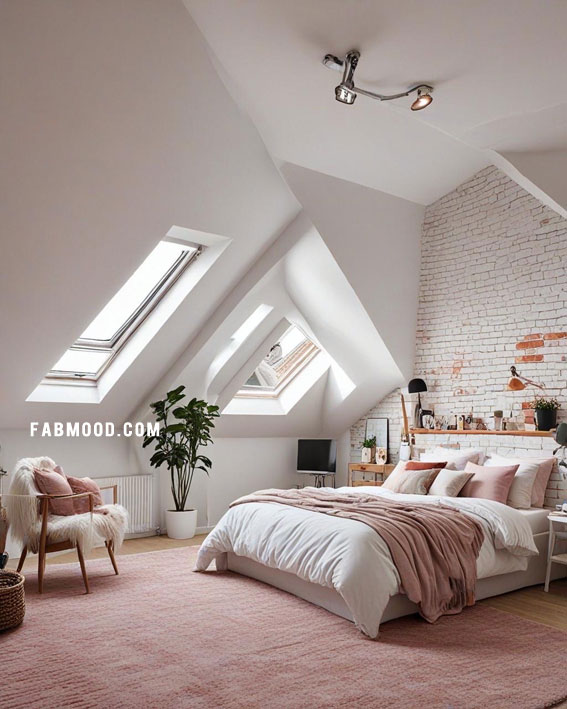 Soft Blush Loft Bedroom, Loft White Bedroom Idea, loft-style bedroom, Off white bedroom ideas, Bedroom white colour combination, Simple bedroom decorating ideas, White bedrooms images, Cozy farmhouse bedroom ideas, loft bedroom color