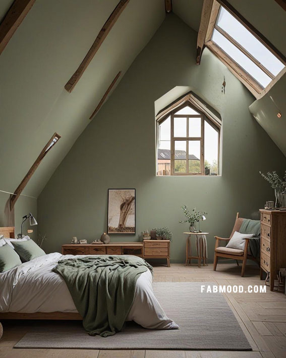 Sage Green Nature-Inspired Loft Bedroom, Loft Bedroom Idea, loft-style bedroom, loft conversion bedroom ideas, Bedroom white colour combination, Simple loft bedroom decorating ideas, earthy loft bedrooms images, Cozy farmhouse bedroom ideas, loft bedroom color