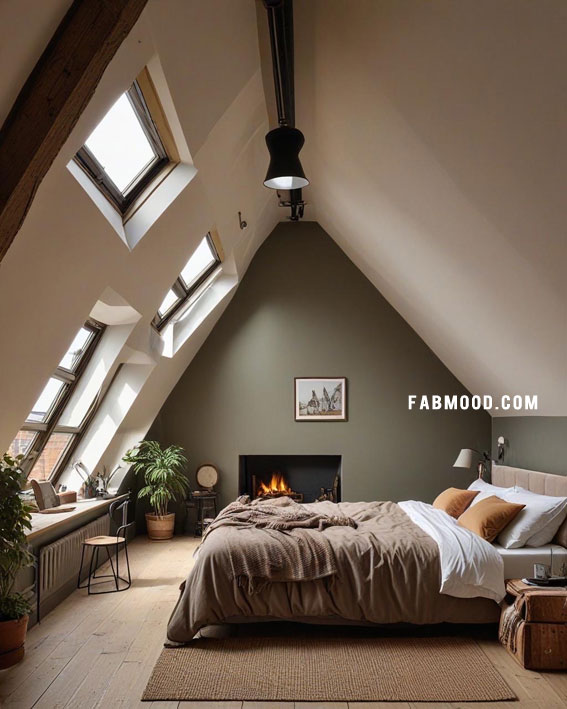 Cosy Modern Loft with Fireplace, Loft Bedroom Idea, loft-style bedroom, loft conversion bedroom ideas, Bedroom white colour combination, Simple loft bedroom decorating ideas, earthy loft bedrooms images, Cozy farmhouse bedroom ideas, loft bedroom color