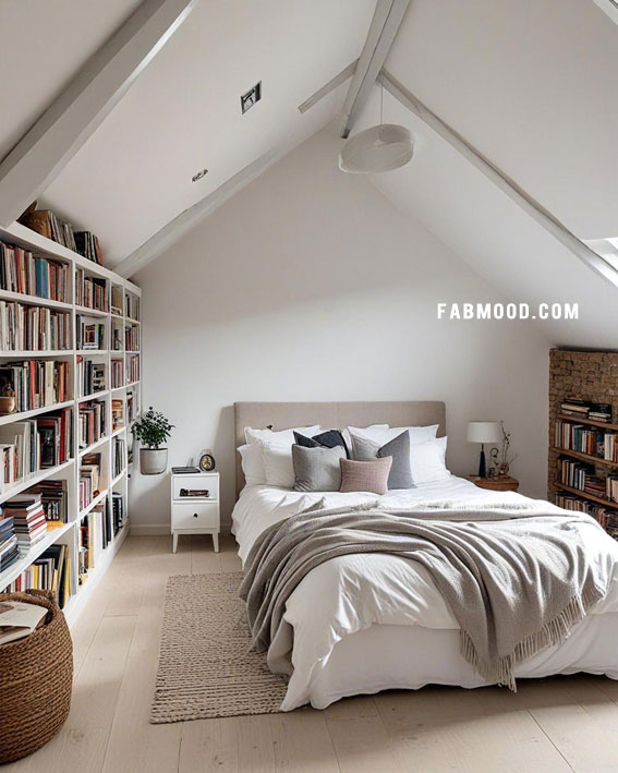 Book Lover’s Loft Bedroom, Loft White Bedroom Idea, loft-style bedroom, Off white bedroom ideas, Bedroom white colour combination, Simple bedroom decorating ideas, White bedrooms images, Cozy farmhouse bedroom ideas, loft bedroom color