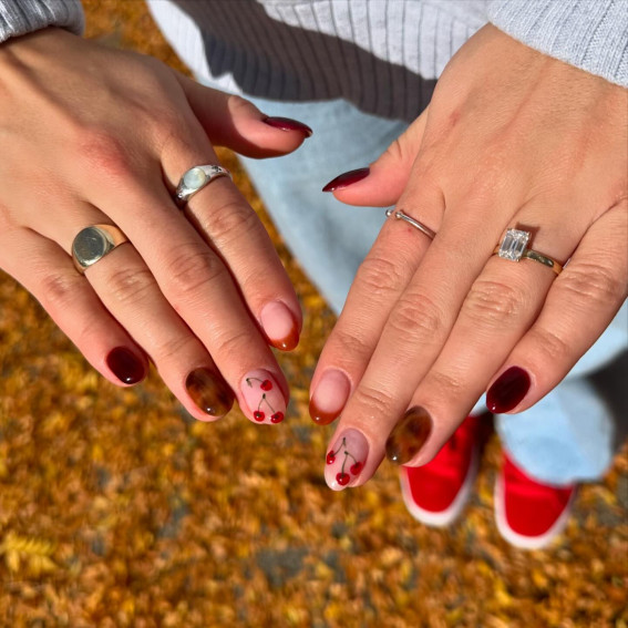 Cherry and Tortoiseshell Nails, tortoiseshell and cherry nails, thanksgiving nails, fall nails, thanksgiving nail art, autumn nails, festive fall nails, mix an match thanksgiving nails, thanksgiving nails simple