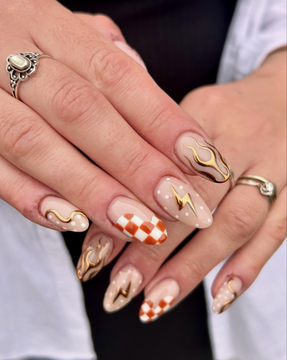 Golden Flames and Checkerboard Nails, thanksgiving nails, fall nails, thanksgiving nail art, autumn nails, festive fall nails, mix an match thanksgiving nails, thanksgiving nails simple