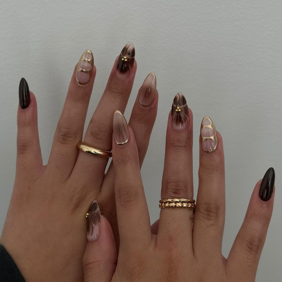 Gold-Framed Smoky Nails, thanksgiving nails, fall nails, thanksgiving nail art, autumn nails, festive fall nails, mix an match thanksgiving nails, thanksgiving nails simple