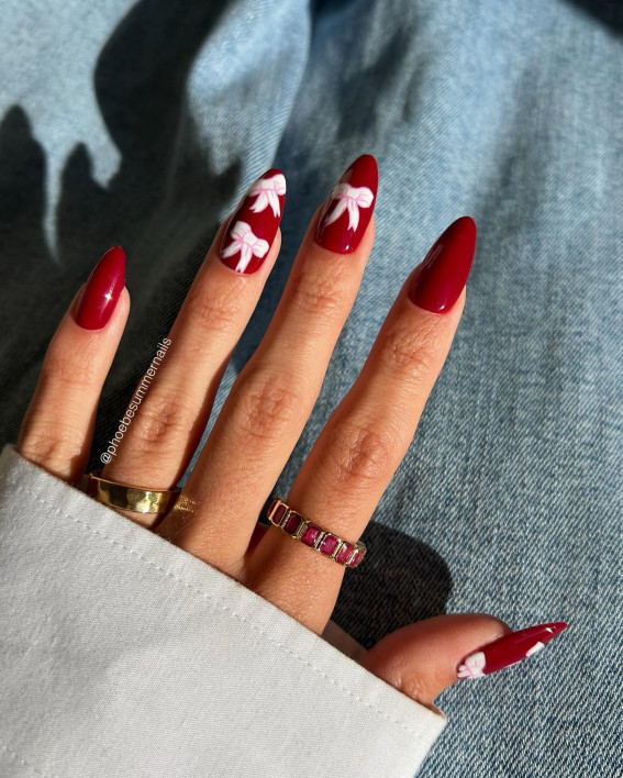 Festive Red Nails with Bow, Christmas nails, adorable Christmas nails, festive Christmas nails, Christmas bow nails