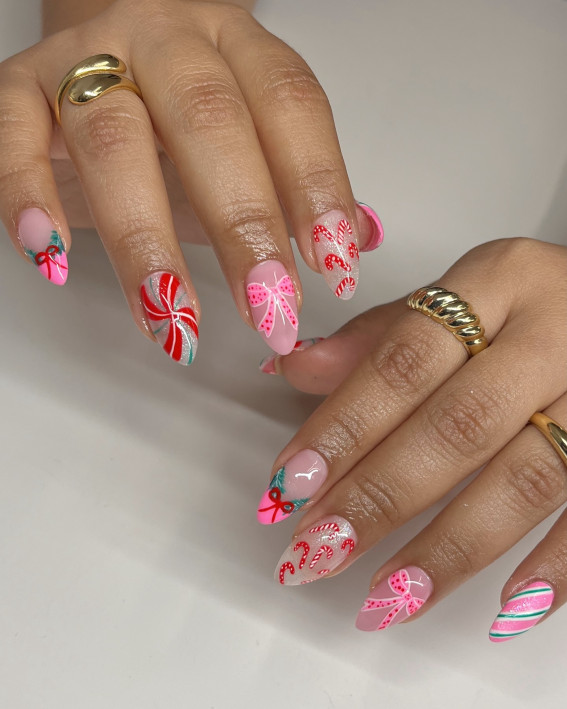 Candy Cane Dreams, Pink Ribbon Charm Short Nails, Christmas nails, adorable Christmas nails, festive Christmas nails, Christmas bow nails