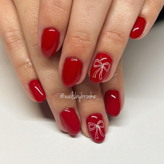 Classic Red Christmas Nails with Bow, red nails, , Christmas nails, adorable Christmas nails, festive Christmas nails, Christmas bow nails, red christmas short nails with bow