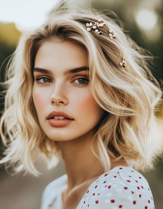 Tousled Wavy Bob with Floral Gold Pins, effortless bob hairstyle, Effortless hairstyles for medium hair, Effortless hairstyles for long hair, Easy hairstyles to do yourself, Work hairstyles for medium hair, Work hairstyles for long hair