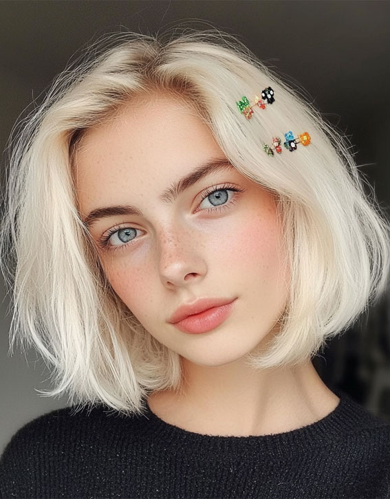 Soft Blonde Bob with Colourful Clips, , effortless bob hairstyle, Effortless hairstyles for medium hair, Effortless hairstyles for long hair, Easy hairstyles to do yourself, Work hairstyles for medium hair, Work hairstyles for long hair