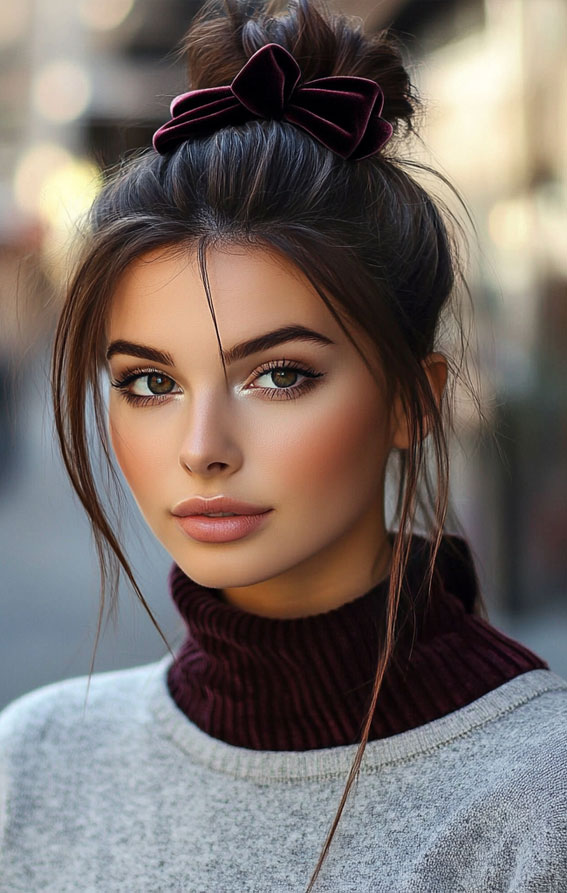 Sleek Top Knot with Velvet Bow, Messy bun, quick and easy hairstyle, Effortless hairstyles for medium hair, Effortless hairstyles for long hair, Easy hairstyles to do yourself, Work hairstyles for medium hair, Work hairstyles for long hair