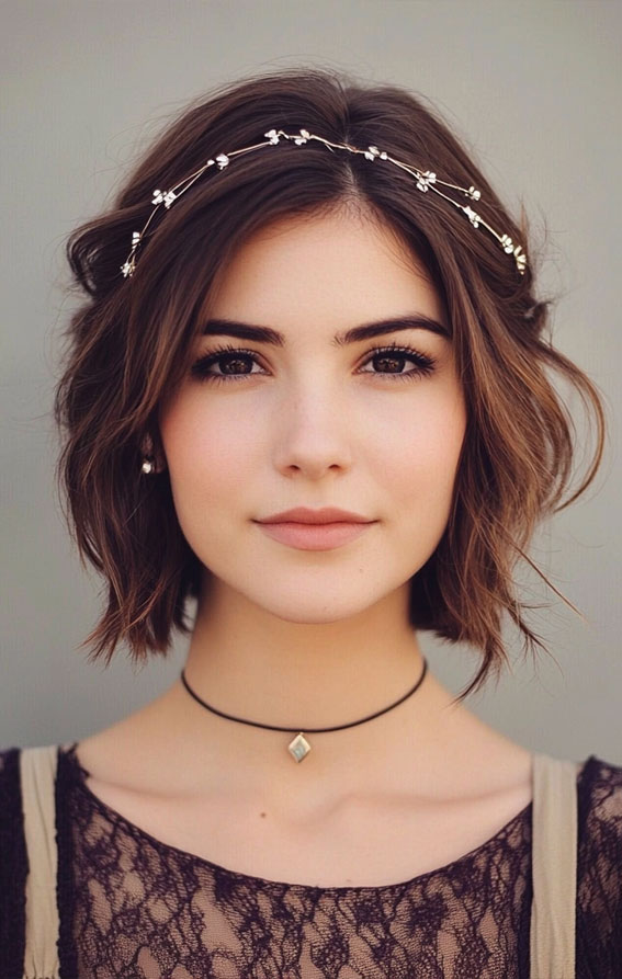 Soft Brunette Bob with Delicate Hair Vine, effortless bob hairstyle, Effortless hairstyles for medium hair, Effortless hairstyles for long hair, Easy hairstyles to do yourself, Work hairstyles for medium hair, Work hairstyles for long hair