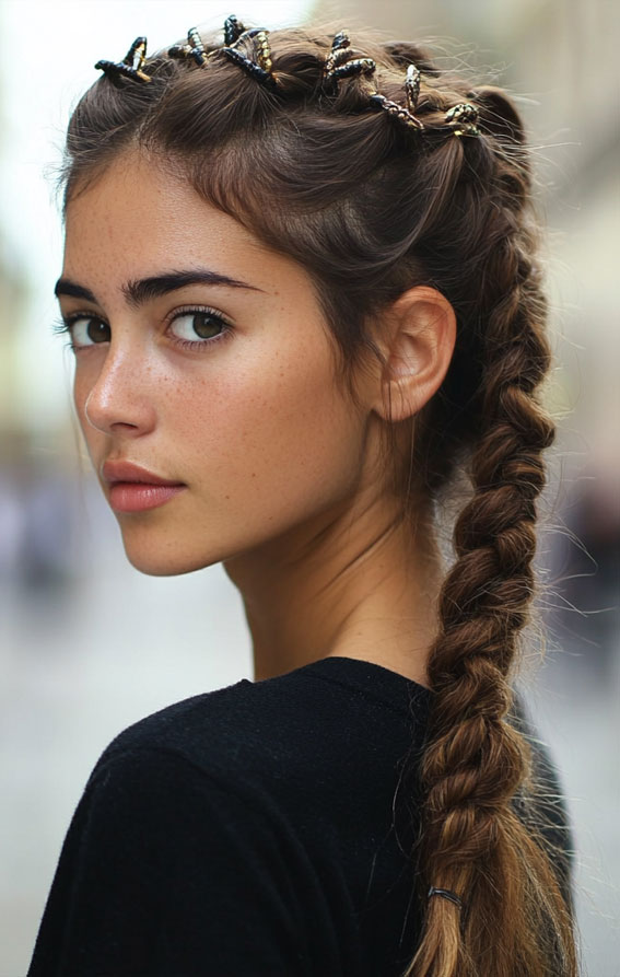 Dutch Braid with Cute Clips, Cute braid hairstyles women, braids Hairstyles, easy braid hairstyles, Braid Hairstyles for girls, Quick easy braided Hairstyles for Black Hair, Long braids Hairstyles, every braid hairstyles