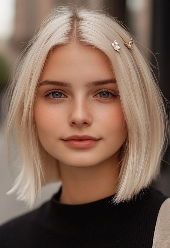 Sleek Platinum Bob with Minimalist Clips, effortless bob hairstyle, Effortless hairstyles for medium hair, Effortless hairstyles for long hair, Easy hairstyles to do yourself, Work hairstyles for medium hair, Work hairstyles for long hair