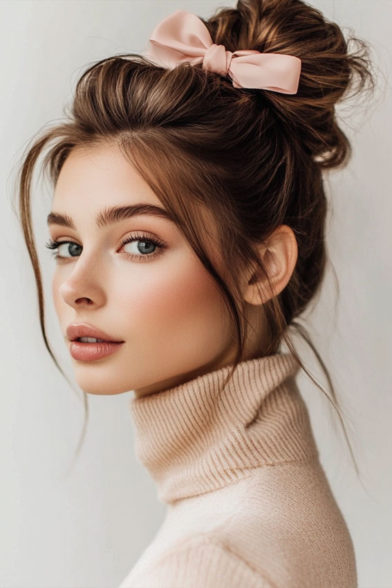 Polished High Bun with a Soft Pink Bow, Messy bun, quick and easy hairstyle, Effortless hairstyles for medium hair, Effortless hairstyles for long hair, Easy hairstyles to do yourself, Work hairstyles for medium hair, Work hairstyles for long hair