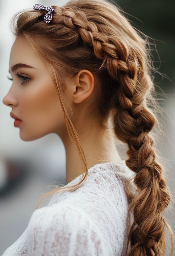 Side Dutch Braid with a Statement Clip, Cute braid hairstyles women, braids Hairstyles, easy braid hairstyles, Braid Hairstyles for girls, Quick easy braided Hairstyles for Black Hair, Long braids Hairstyles, every braid hairstyles