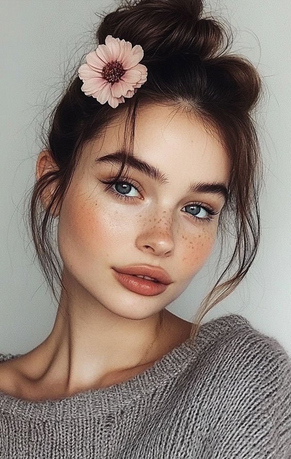 Messy Top Knot with a Floral Touch, Messy bun, quick and easy hairstyle, Effortless hairstyles for medium hair, Effortless hairstyles for long hair, Easy hairstyles to do yourself, Work hairstyles for medium hair, Work hairstyles for long hair