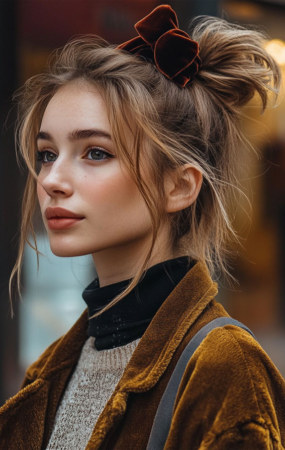 Messy High Bun with Velvet Bow, Messy bun, quick and easy hairstyle, Effortless hairstyles for medium hair, Effortless hairstyles for long hair, Easy hairstyles to do yourself, Work hairstyles for medium hair, Work hairstyles for long hair