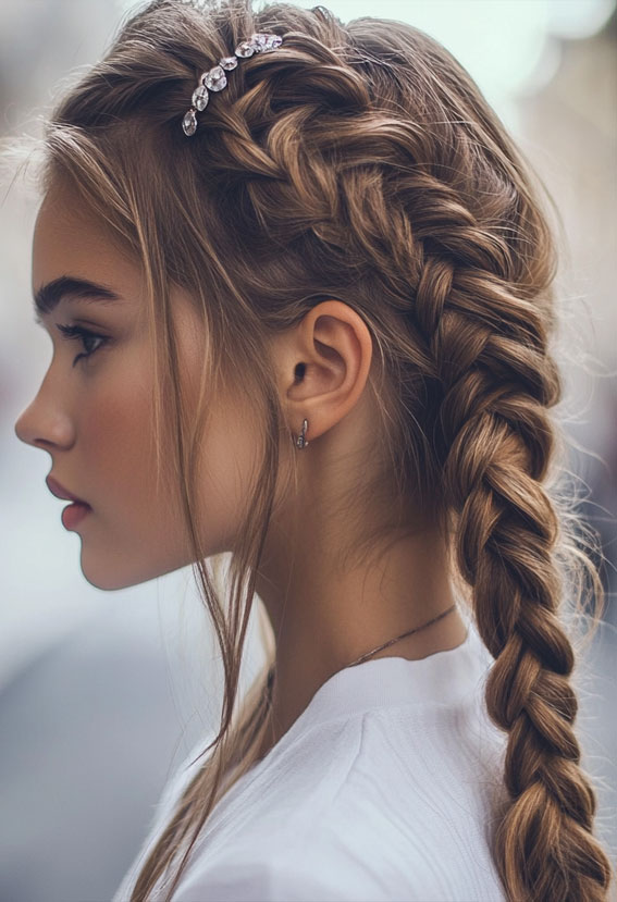 Side Dutch Braid with Crystal Clip, Cute braid hairstyles women, braids Hairstyles, easy braid hairstyles, Braid Hairstyles for girls, Quick easy braided Hairstyles for Black Hair, Long braids Hairstyles, every braid hairstyles