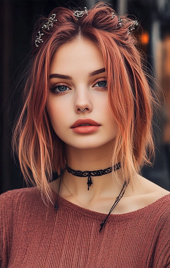 Effortless Copper Bob with Half-Up Twist, effortless bob hairstyle, Effortless hairstyles for medium hair, Effortless hairstyles for long hair, Easy hairstyles to do yourself, Work hairstyles for medium hair, Work hairstyles for long hair