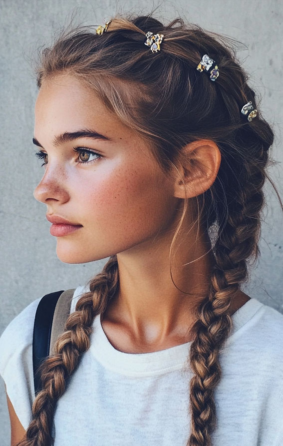 Classic Double Braids with Crystal Hair Clips, Cute braid hairstyles women, braids Hairstyles, easy braid hairstyles, Braid Hairstyles for girls, Quick easy braided Hairstyles for Black Hair, Long braids Hairstyles, every braid hairstyles